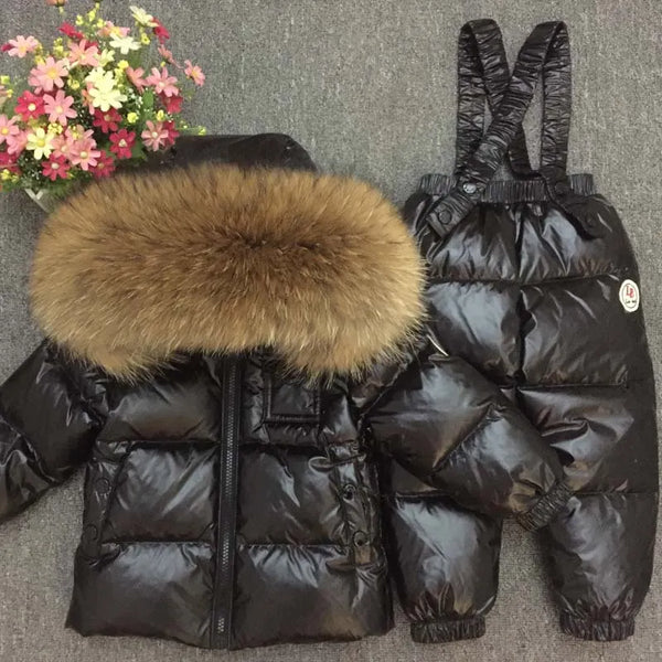 Super Warm Toddler Snowsuit Jacket with Fur and Overalls for Girls Boys