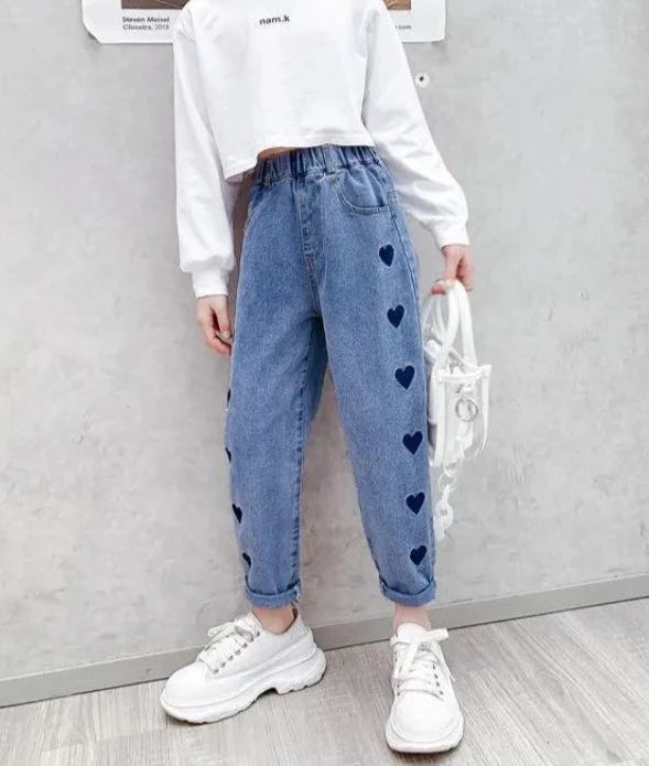 Heart Denim Wide Leg Pants Jeans For Girls 5-14Y