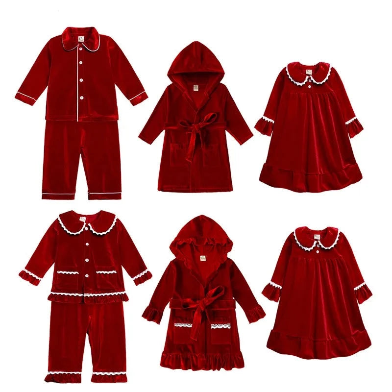 Christmas Family Matching Red Velvet Pajamas and Bathrobe Sets