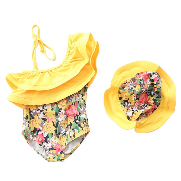 Yellow Flowers Ruffle Baby Girls Swimming suit one piece 1-7 Years old
