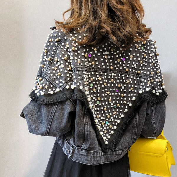 Denim Jacket for Women Hand-studded Pearls Punk Tassel