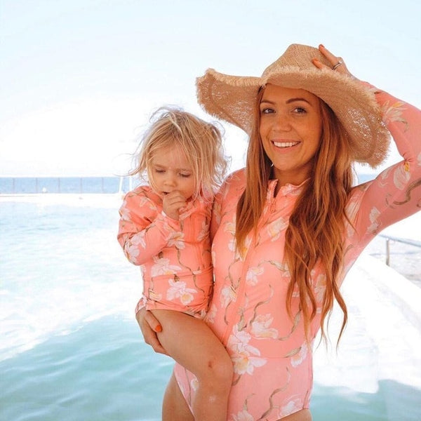 Pink Pastel long sleeve Swimsuit Matching Bikini For Mom and Daughter