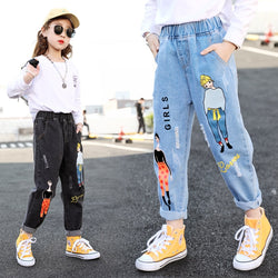 Girls Spring Loose Jeans Washed Autumn Children Button Elastic Waist Denim  Pants Kids Trousers 6-13 Years
