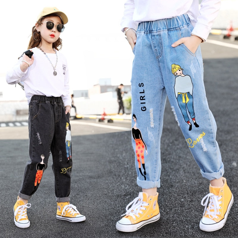 Cartoon Elastic Waist Denim Pants Jeans for Girls 4-13T