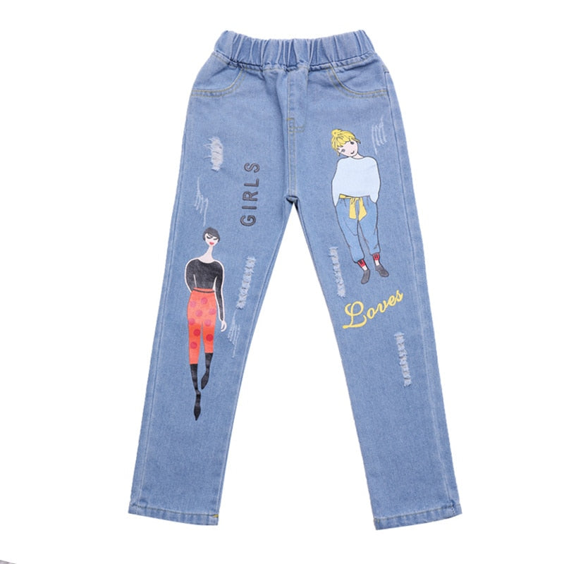 Cartoon Elastic Waist Denim Pants Jeans for Girls 4-13T