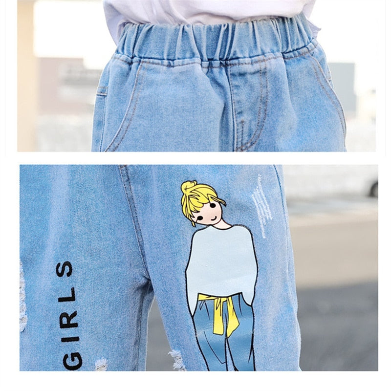 Cartoon Elastic Waist Denim Pants Jeans for Girls 4-13T