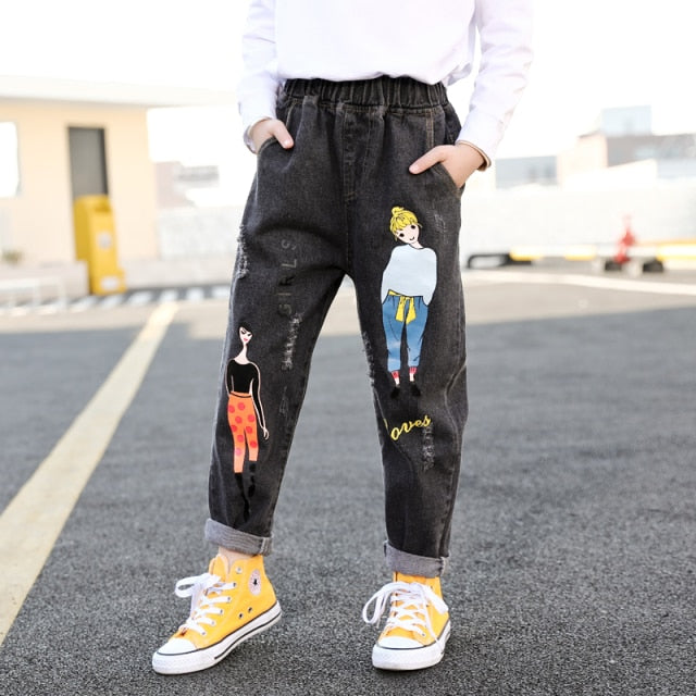 Cartoon Elastic Waist Denim Pants Jeans for Girls 4-13T