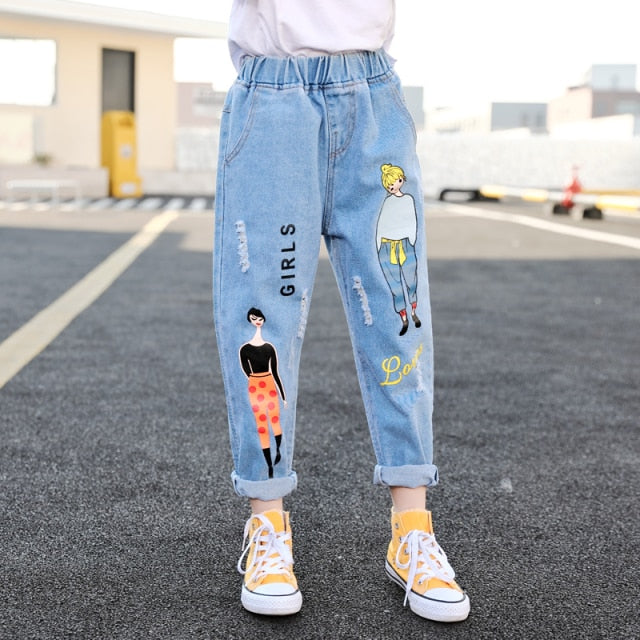 Cartoon Elastic Waist Denim Pants Jeans for Girls 4-13T