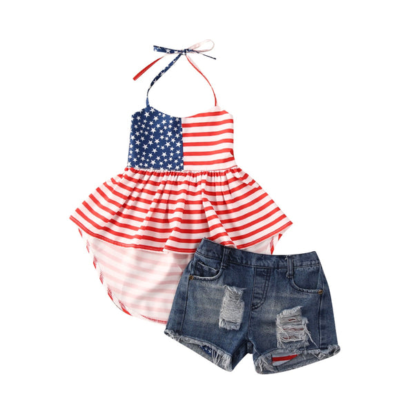 Striped Mini Dress Top + Denim Shorts Independence Day for Toddler Baby Girl 1-6 Years old