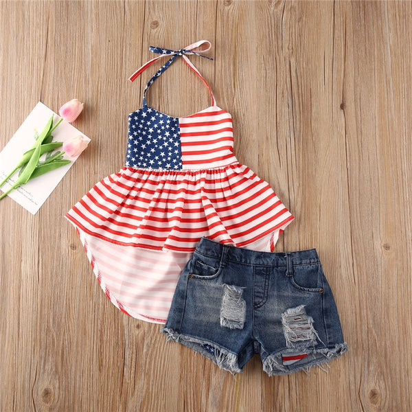 Striped Mini Dress Top + Denim Shorts Independence Day for Toddler Baby Girl 1-6 Years old